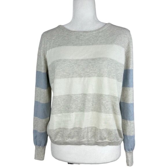 Lisa Todd Women’s White Blue Striped Crew Neck Soft Preppy Knit Sweater XS/C40 - Picture 1 of 12